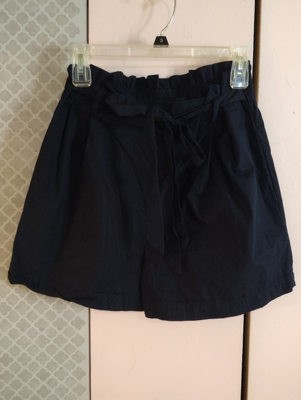 Zara Navy High-Waist Paperbag Shorts with Tie